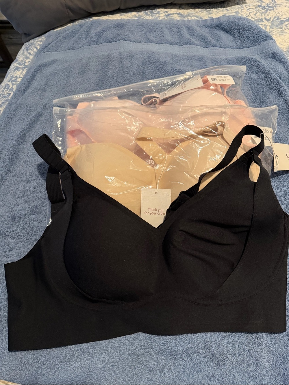 3- Seamless Black, Cream, and Pink Wireless Bras w/ adjustable straps & bodice